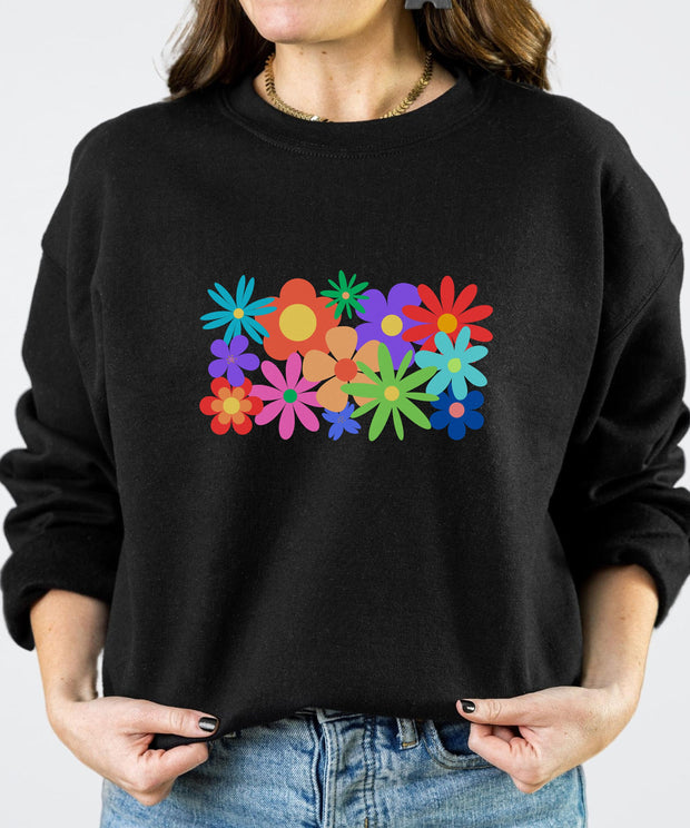 Retro Flowers Sweatshirt, Womens Pretty Graphic, Girls Comfortable Crew Neck Pullover, Ladies Soft Long Sleeve Crew Neck Top Vintage Flowers