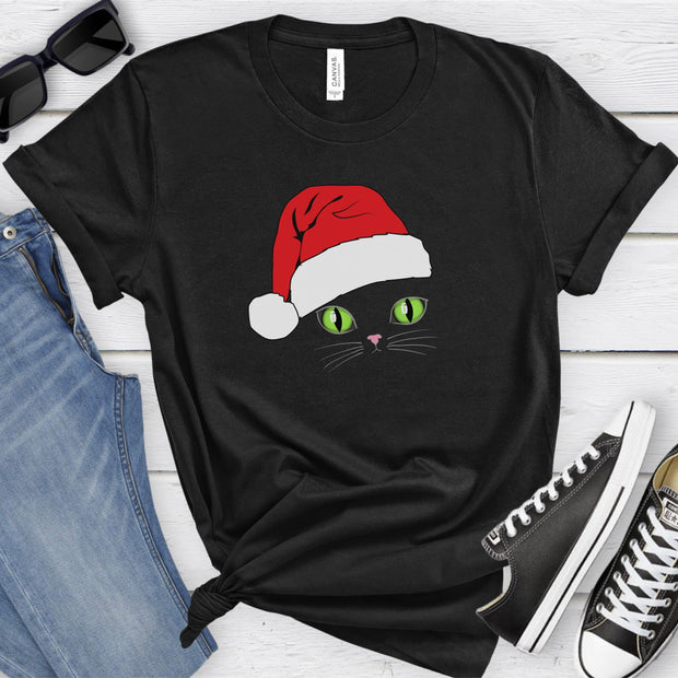 Christmas Cat Shirt,  Cat Santa Hat T-Shirt, Cat Lover Tee, Cat Santa Shirt, Pretty Cat T-Shirt, Noel Cat Shirt, Holiday Cat Shirt