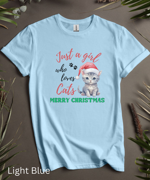 Just A Girl Who Loves Cats Christmas TShirt, Girls Christmas Cat Top, Cat Lovers Christmas Shirt, Cute Kitten Christmas Gift Tee, Womens Top