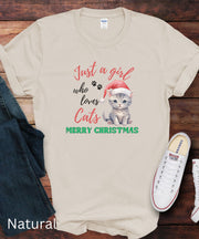 Just A Girl Who Loves Cats Christmas TShirt, Girls Christmas Cat Top, Cat Lovers Christmas Shirt, Cute Kitten Christmas Gift Tee, Womens Top