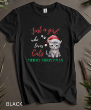 Just A Girl Who Loves Cats Christmas TShirt, Girls Christmas Cat Top, Cat Lovers Christmas Shirt, Cute Kitten Christmas Gift Tee, Womens Top