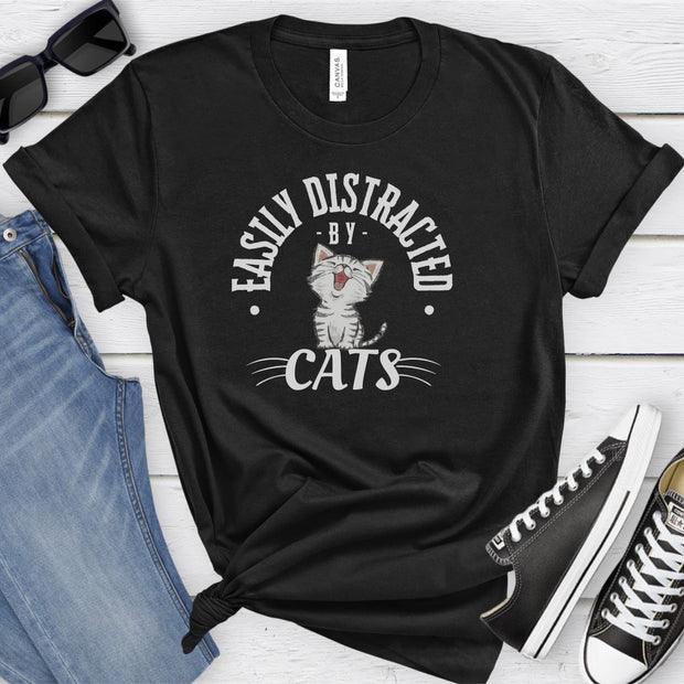 Easily Distracted by Cats Unisex TShirt, Cat Lover Soft Tee, Animal Love Gift Shirt, Fun Feline Top, Funny Pet T Shirt, Humorous Crew Neck