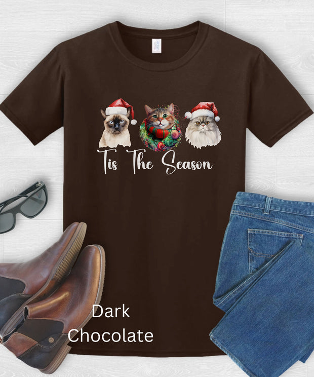 Tis The Season Cute Cats Unisex Christmas TShirt, Soft Comfortable Holiday TShirt, Mens Womens Short Sleeve Party Top, Cute Cats Graphic Tee