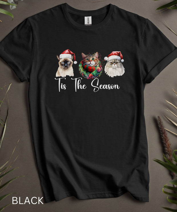 Tis The Season Cute Cats Unisex Christmas TShirt, Soft Comfortable Holiday TShirt, Mens Womens Short Sleeve Party Top, Cute Cats Graphic Tee