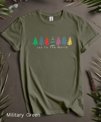 Joy To The World Christmas Trees TShirt, Mens Womens Holiday Shirt, Soft Unisex Casual Top, Comfortable Short Sleeve Graphic XMas Party Tee