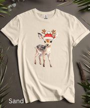 Cute Santa Doe TShirt, Little Doe with Santa Hat Shirt, Womens Soft Christmas Tee, Mens Graphic Holday T Shirt, Comfortable Unisex XMas Top