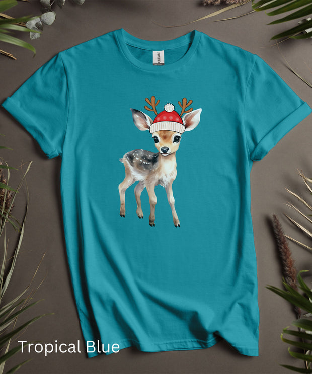 Cute Santa Doe TShirt, Little Doe with Santa Hat Shirt, Womens Soft Christmas Tee, Mens Graphic Holday T Shirt, Comfortable Unisex XMas Top