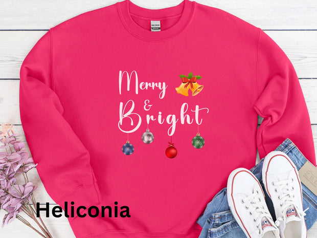 Unisex Merry And Bright Christmas Sweatshirt, Mens XMas Shirt, Womens Holiday Winter Top, Comfortable Soft, Long Sleeve Crew Neck Sweatshirt