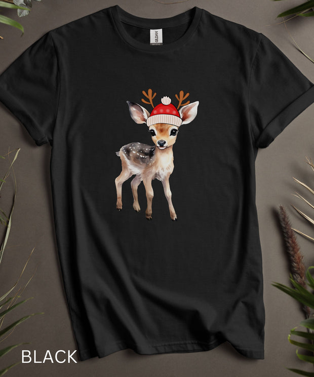 Cute Santa Doe TShirt, Little Doe with Santa Hat Shirt, Womens Soft Christmas Tee, Mens Graphic Holday T Shirt, Comfortable Unisex XMas Top