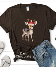 Cute Santa Doe TShirt, Little Doe with Santa Hat Shirt, Womens Soft Christmas Tee, Mens Graphic Holday T Shirt, Comfortable Unisex XMas Top