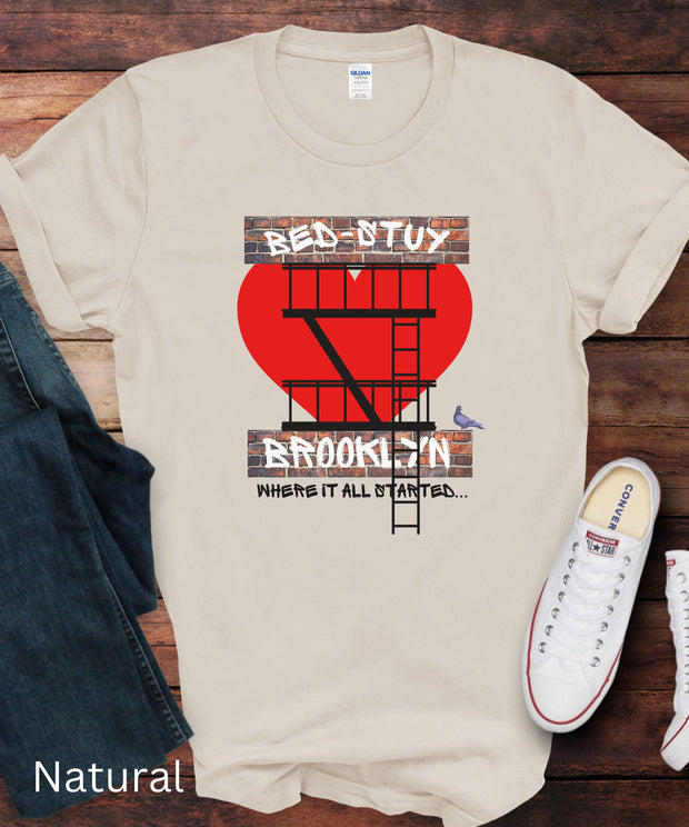 Bed-Stuy Brooklyn Love TShirt With Classic Fire Escape and New York Pigeon, T Shirt, Soft Top,  Unisex Funny Graphic, Short Sleeve Tee Shirt