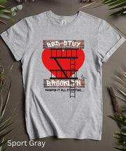 Bed-Stuy Brooklyn Love TShirt With Classic Fire Escape and New York Pigeon, T Shirt, Soft Top,  Unisex Funny Graphic, Short Sleeve Tee Shirt