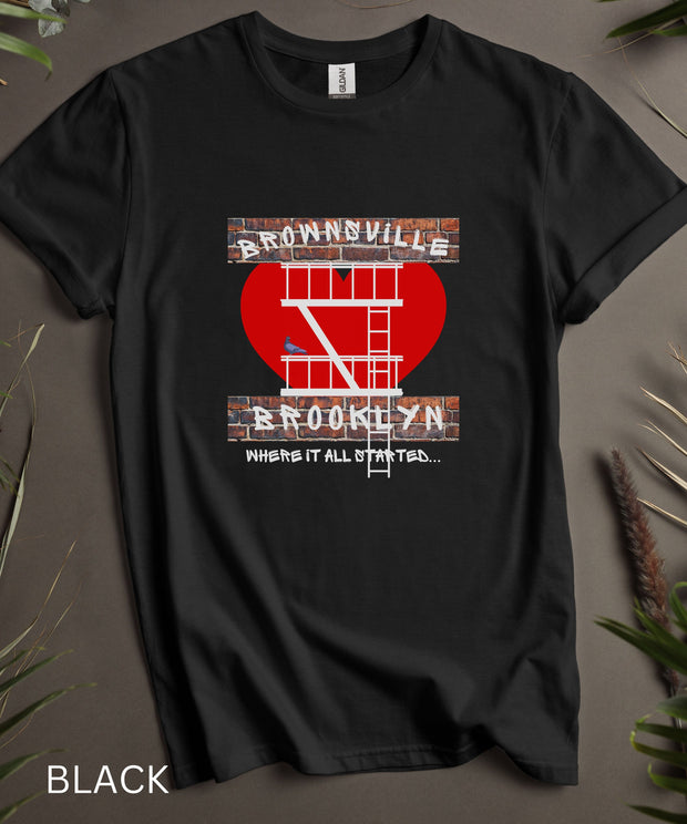 Brownsville Brooklyn Love TShirt With Classic Fire Escape and New York Pigeon T Shirt, Soft Top Unisex Funny Graphic, Short Sleeve comfy Tee