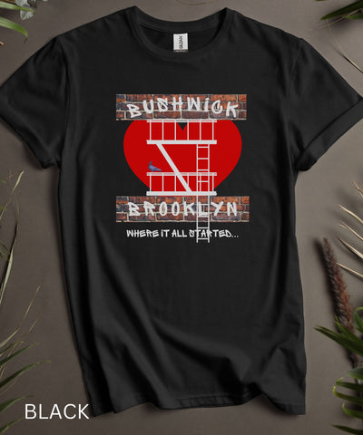 Bushwick Brooklyn Love TShirt With Classic Fire Escape and New York Pigeon, T Shirt, Soft Top, Unisex Funny Graphic, Short Sleeve Tee Shirt.