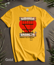 Bushwick Brooklyn Love TShirt With Classic Fire Escape and New York Pigeon, T Shirt, Soft Top, Unisex Funny Graphic, Short Sleeve Tee Shirt.