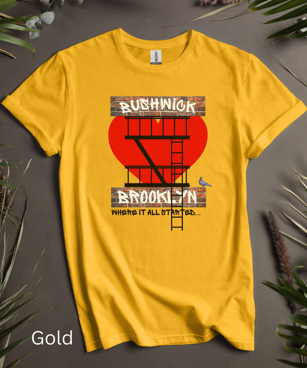 Bushwick Brooklyn Love TShirt With Classic Fire Escape and New York Pigeon, T Shirt, Soft Top, Unisex Funny Graphic, Short Sleeve Tee Shirt.