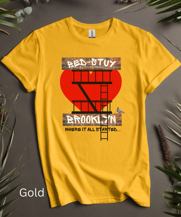 Bed-Stuy Brooklyn Love TShirt With Classic Fire Escape and New York Pigeon, T Shirt, Soft Top,  Unisex Funny Graphic, Short Sleeve Tee Shirt